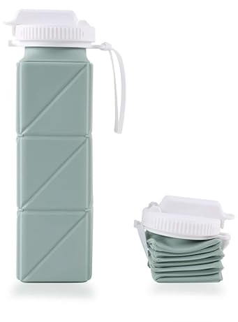 Botella de agua plegable reutilizable de silicona libre de BPA con tapa 620 ml para viaje, running, deporte, senderismo, gimnasio, camping, ciclismo, cantimplora plegable. (Verde)