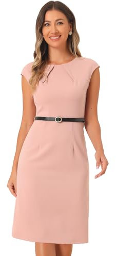 Allegra K Elegant Office Dress for Women's Round Neck Cap Sleeve Belted Work Sheath Dresses Pink S