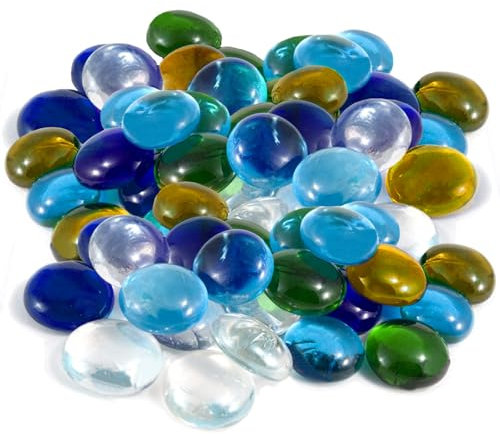 Glass Pebbles - 190-200Pcs Approx 0.95KG Mixed Color Flat Marble Beads, Clear Decorative Glass Beads Artificial Crystal Gemstones for Vase Filler, Aquarium, Mosaic Tiles, Landscaping, Flowerpot