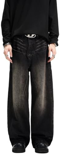 American Vintage Damen-Jeans mit weitem Bein, Y2k Emo Baggy-Denim-Hose mit Taschen, Downtown-Mädchen, alternative Streetwear, Schwarz, S