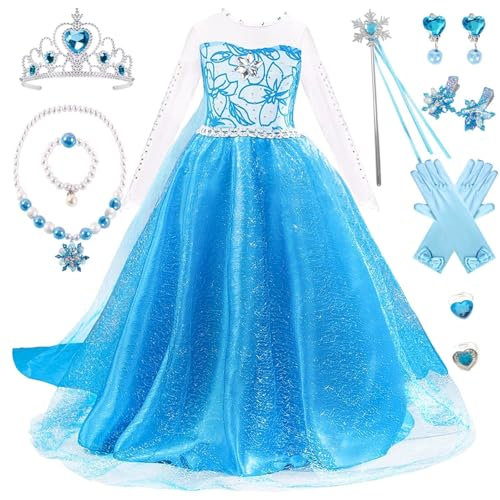 Cnexmin Fille Robe Reine des Neiges Enfant Robe de Princesse Elsa Déguisements Elsa Robe Longue avec Accessoires Costume Anniversaire fête Carnaval Halloween Noël Cosplay Robe,A-140cm