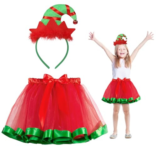 Fennoral 2tlg Weihnachtself Kostüm Mädchen Weihnachten Elf Kinderkostüm mit Grün Rot Tutu Rock Haarreif Wichtel Weihnachtskostüm Weihnachtself Cosplay Kostüm Zubehör für Weihnachtsparty Xmas Party