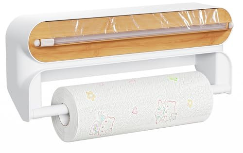 Dispenser di pellicola trasparente 2 in 1 con taglierino, supporto per rotolo da cucina con porta rotolo da cucina, dispenser di pellicola in alluminio e contenuto fresco, porta rotolo da cucina senza