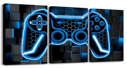 Loussiesd Gamer 3er Poster Set Gaming Badezimmer Leinwandbilder für Home Dekor für Beleuchtung Honeycomb Game Controller Büro Wandbilder Blau und Schwarz Geometrische Deko Bilder