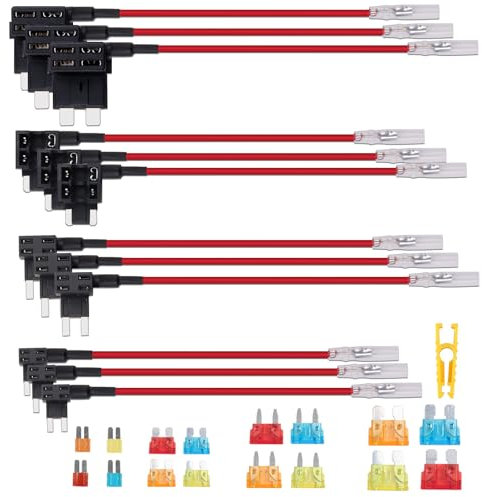 URHRHU 12 Stück Sicherung Tap Automotive 12V-32V mit 16 Stück Autosicherung 5A 10A 15A 20A, Stromdieb KFZ Sicherung Adapter Set Add A Circuit Sicherungen Adapter Piggyback Sicherungshalter