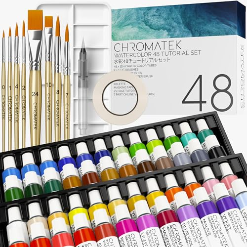 CHROMATEK Watercolor Painting Set, 84 Piece Kit, Video Course Tutorial, 48 Tubes, Beginners to Intermediate and Professional Artists, Paper, 8 Brushes, Palette, Aquapen, Adhesive Tape