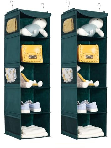 BrilliantJo 2er Set Hängeregal Kleiderschrank Organizer,Hängeregal Stoff, 5 Fächer hochwertige Hängeaufbewahrung mit Eisengestell Hängeregal Organizer Aufbewahrungssystem 30 x 30 x 108 cm Dunkelgrün