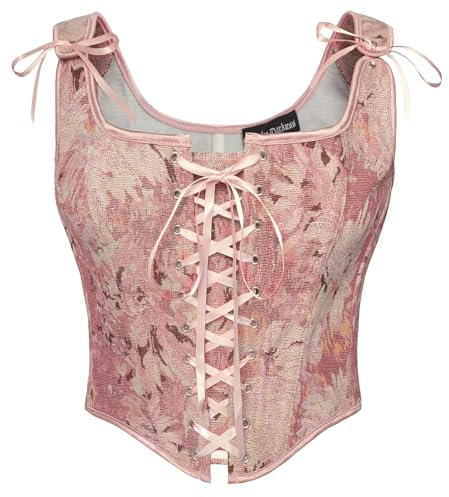 SCARLET DARKNESS Women's Renaissance Corset Top Overbust Lace-up Floral Vintage Vest Bustier Victorian Peasant Pink Corsets for Women Pink Daisy 10