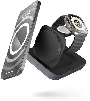 Zens Nightstand Magnetic Wireless Charger Pro 2, Cargador inalámbrico MagSafe y Qi 15 W para iPhone/Apple Watch/AirPods, Incluye Adaptador de Corriente de 20 W (EU/UK/US), Negro