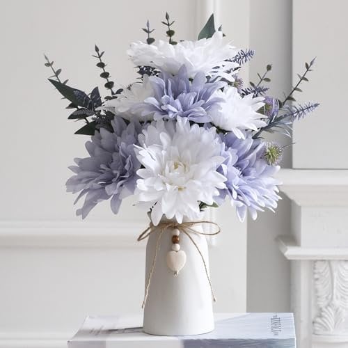 Artificial Dahlia Flower Arrangements in Ceramic Vase, 16 Faux Dahlia Flowers with Eucalyptus Stems and Decorative Leaves, Vase with Jute Rope & Heart Charm, Table Centerpiece for Farmhouse Décor