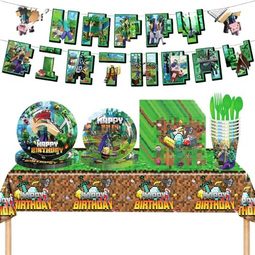 Stoviglie per Feste di Compleanno, 82 Pezzo Accessori per Feste di Gioco, Set di Stoviglie per la Festa,Feste di Piatti Compleanno, con Piatti Tazze Tovaglioli Tovaglia Banner Forchette