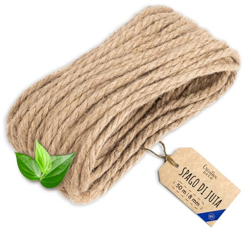 Creative Deco Corda di Iuta 50m (Personalizzazione Possibile ogni 5 m) | Spessore 8mm | Spago Durevole | Corda Juta Intrecciata Marrone Naturale | Spago Fai da Te, Giardinaggio, Tiragraffi per Gatti