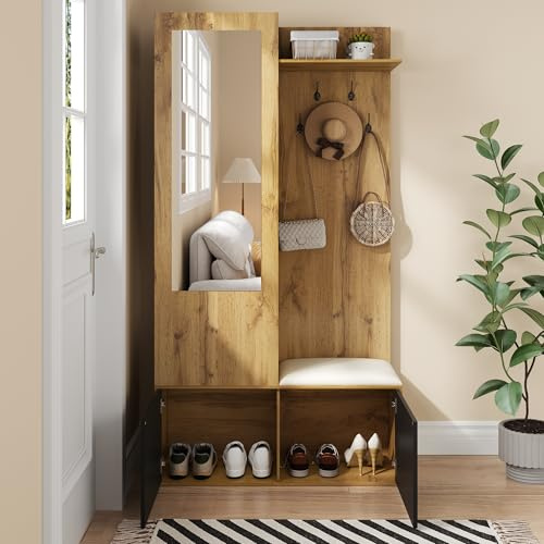 Moimhear Das Garderobenset umfasst 5 Kleiderhaken, einen Spiegel, einen Schuhschrank, EIN oberes Regal mit Hängefläche und eine Bank (100x38x191cm)