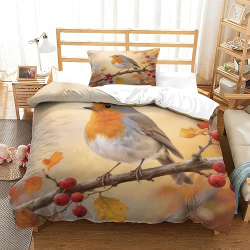 YYVKPMLXC Rotkehlchen Bettwäsche Set,Herbstliche ländliche Szene 3D Motiv Bettwäsche, 2 Piece Weich Mikrofaser Mit Kissenbezug Und Reißverschluss Für Jugendliche Kinder Schlafzimmer Single（135x200cm）