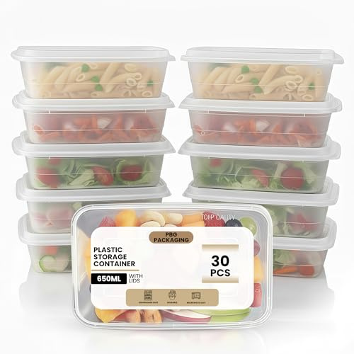 Plastic Food Containers with Lids – BPA Free - Microwave, Freezer & Oven Safe - Reusable Meal Prep Storage Boxes for Takeaway & Kitchen Organization (30, Transparent, 650 ml)