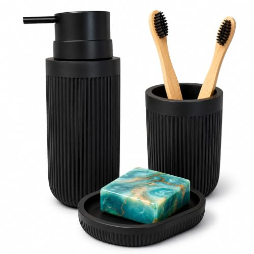 Relaxdays Bathroom Accessories, 3-piece set, soap dish, soap dispenser, toothbrush cup, polyresin, bathroom set, black