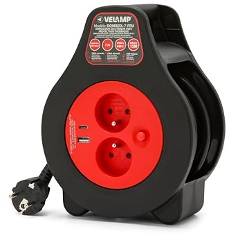 Velamp Enrollador de cable eléctrico de 7 metros, 2 enchufes tipo francés 2P + T + puerto USB, cable de 1,0 mm², protección térmica, cuerpo compacto para interior