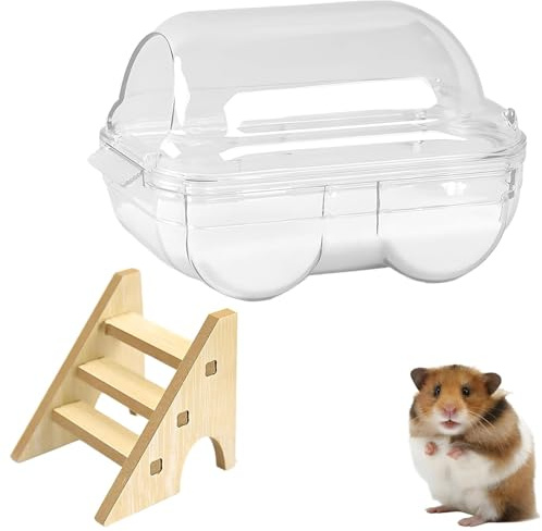 Hamster Sand Bath Syrian, Sand Bath for Syrian Hamster with Staircase Transparent Hamster Bathtub Bathroom Toilet Easy to Clean Hamster Litter Box for Dwarf Hamster(17.5cm x 11cm x 10.5cm)