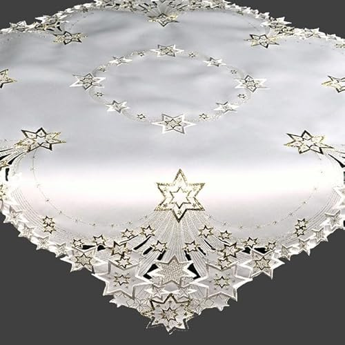 Tischdecke Mitteldecke Tischläufer Ecru Stickerei goldene Sterne Weihnachten Winter pflegeleicht (85 x 85 cm)