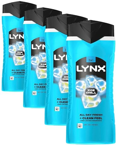 Lynx Men Ice Chill 3-in-1 Hair, Face and Body Wash Shower Gel with plant-based prebiotics and 5x more moisturisers** 500 ml (Pack of 4)