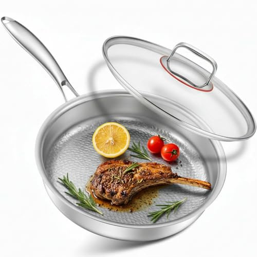 Abijan Titanium Frying pan Non Coated, 28cm Stainless Steel Frying Pan, 5-Ply Construction Stainless Steel Pan with Lid, Titanium Pans for Cooking Non Toxic for All hobs, PFOA-Free, Fast&Even Heat