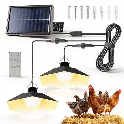 rerekiki Solar Chicken Coop Light with Timer, 2 Lights Warm White Shed Light with Remote & Dusk to Dawn Sensor, Waterproof Hanging Pendant Lamp for Outdoor Indoor Barn, Gazebo, Poultry, Greenhouse