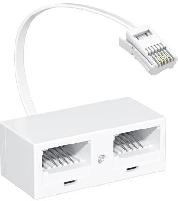 RENGOGA 1 Pcs BT Telephone Splitters 2 Way Sockets Splitter, UK Telephone Adapter RJ11 Male Plug to 2 Female Socket Extender, for UK Landline Telephone FAX Modem Cable Adapter and Converter White
