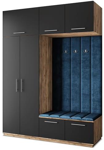 Masseno Flugarderoben Set Rema, Kleiderschrank-Set mit Sitzbank, Garderobenschrank Flur mit 5 Regalböden, Eiche Lefkas/Schwarz