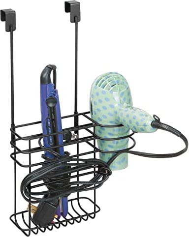 mDesign Hair Dryer Holder Without Drilling - Ideal for Hair Dryer Storage and Also for Your Curling Iron - Over The Door Hanging Baskets and Hooks for Cord Storage - Matte Black