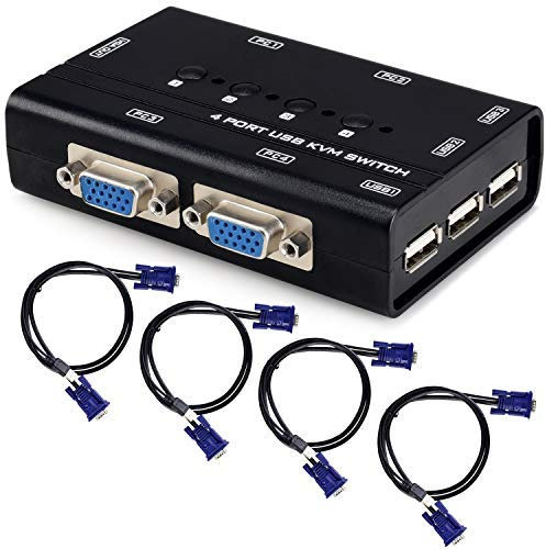 USB VGA KVM Switch with 4 Cables, 4 Port Selector Switcher for 4PC Sharing One Video Monitor and 3 USB Devices, Keyboard, Mouse, Scanner, Printer