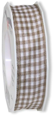 Geschenkband, Stoffband, Vichy-Karo, Taupe, Drahtkante, 25 mm x 20 m, 1 Rolle(n)