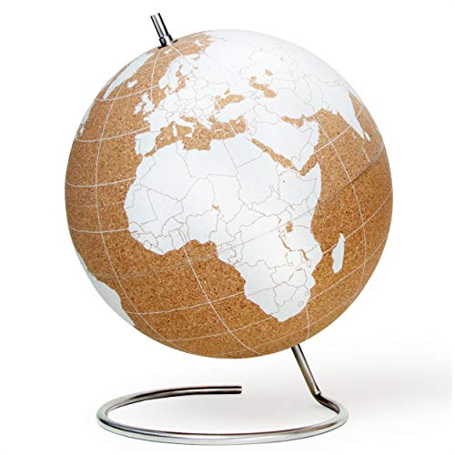 SUCK UK - Großer weißer Desktop Kork-Globus | Reißzwecken enthalten | Weltkarte | Reisezubehör | Zur Dokumentation von Abenteuern & Erinnerungen