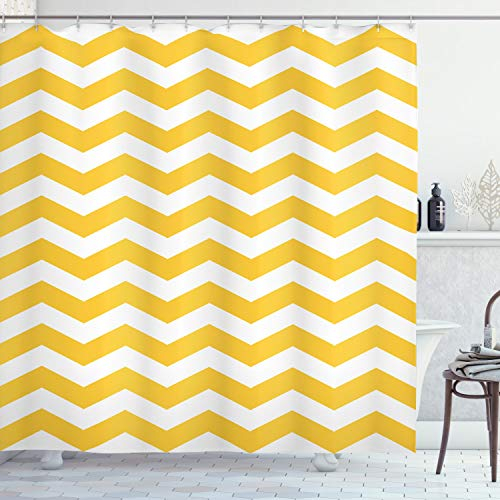 ABAKUHAUS Gelber Chevron Duschvorhang, Wellenförmige Horizontal Kunst, Stoffliches Gewebe Badezimmerdekorationsset mit Haken, 175 x 220 cm, Gelb und Weiß
