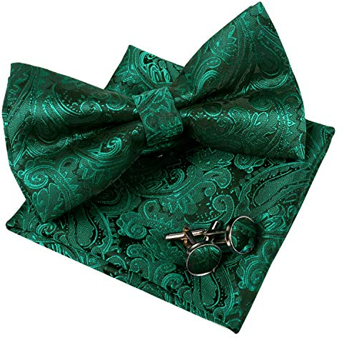 Alizeal Herren Hochzeit Paisley Gebundene Fliege, Einstecktuch und Manschettenknöpfe Set, Dunkelgrün