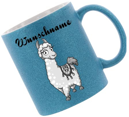 Crealuxe Glitzertasse Dunkelblau 'Alpaka Motiv (Wunschname)' personalisiert, Kaffeetasse, Bürotasse
