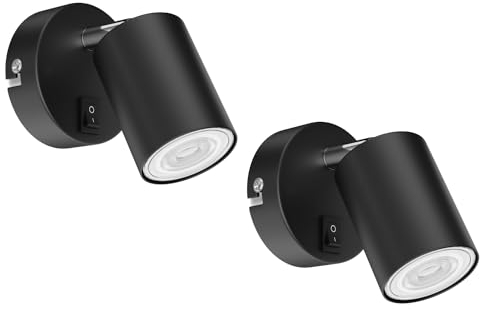 ledscom.de 2 Stück Wandspot WAIKA, einflammig, mit Schalter, GU10, schwarz matt, inkl. GU10 LED Lampe (weiß, 5,3W, 504lm, 44°)