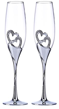 LANLONG Hochzeits Champagnerkelche Toastflötengläser für Braut und Bräutigam Kreative Deluxe Glasbecher mit Strass umrandet Herzdekoration Geschenkset