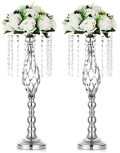 Nuptio Alzata Fiori Argento Matrimonio: 2 Pezzi 55cm Alto Vaso Centrotavola Alzate Fiori Metallo Cristallo Supporto Vasi D’Argento Festa di Compleanno Anniversario Cerimonia Decorazioni