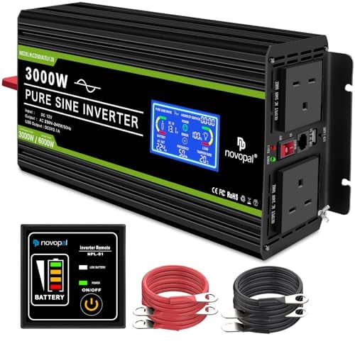 NOVOPAL Pure Sine Wave Inverter 3000W 12V to 230V 240V Car Converter Power Inverter with LCD Display 2AC Outlets,2.4A USB Port,Remote Control for Motorhomes,Truck,Boat,Camping,Household,Van