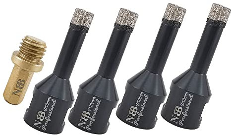 NBB Broca de diamante con M14, corona diamante para taladrar en seco y en húmedo profesionalmente en porcelana,cerámica,baldosas, granito,mármol,azulejo,para Amoladora Angular(10mm x4pcs +Adaptador)