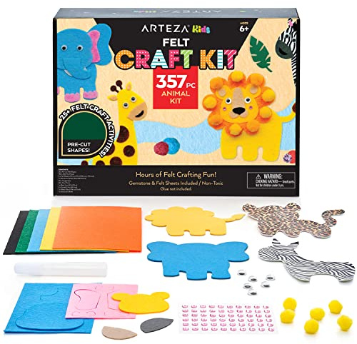 ARTEZA Kids Felt Kit, 357 Pieces, 25 Pre-Cut Animal Shapes, 5 Felt Sheets, 140 Mini-Pieces, Gemstone Stickers, Yarn, and Glue