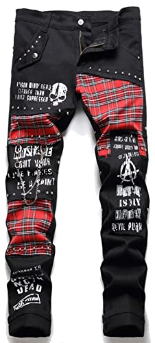 Männer Schottland Rot Plaid Patchwork Jeans Punk Niet Patch Denim Hosen Trendy Schädel Buchstaben Gedruckt Dünne Gerade Hosen,Schwarz,34
