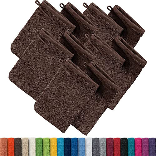 Erwin Müller Waschhandschuh, Waschlappen Heidelberg 10er- Pack, 100% Baumwolle braun Größe 15x21 cm - weiche Qualität, saugstark und strapazierfähig - praktisch durch Schlaufe