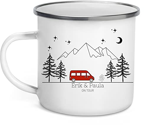 Little Mathilda Emaille Tasse bunter Camper Van Camping personalisierte Campingtasse mit Namen Kaffeetasse Zubehör Wohnwagen Edelstahl Becher Geschenk für Camper (Campingvan rot)