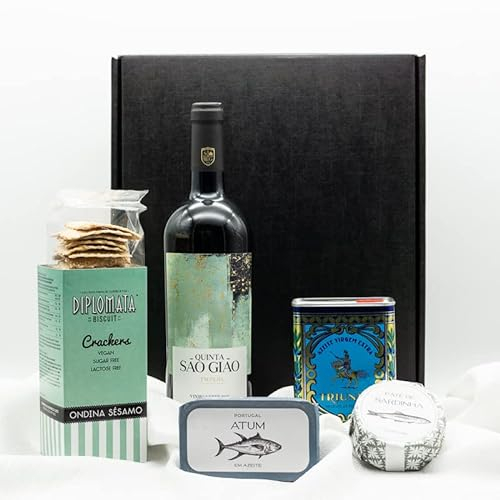 Feinkost Geschenkset Mittel | Aus dem Herzen Portugals | Geschenkkorb | Portugiesische Spezialitäten | Vegane Cracker | Weißwein | Thunfisch | Sardinen Pate | Olivenöl |Lieferung vor Weihnachten