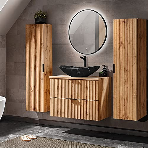Lomadox Badezimmermöbel Set Wotaneiche gerillt, 80 cm Unterschrank mit Keramik Waschbecken schwarz, 2 Hochschränke und LED-Spiegel mit Hintergrundbeleuchtung