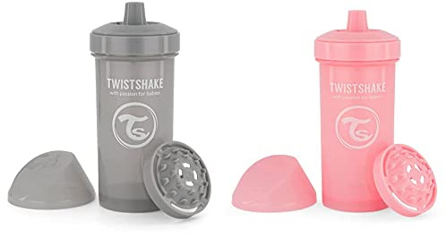 Twistshake Auslaufsichere Baby-Trinkflasche Mit Festem Ausgießer Und Fruchtmixer - 2x 360ml | 2-Pack |Trainerflasche Für Kinder & Kleinkinder | Auslaufsichere & BPA-Freie Schnabeltasse |Grau Rosa