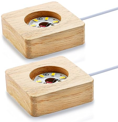 ZEERSHEE Pack 2 Wooden LED Display Base Crystal Glass Light Base Stand for 3D Crystal Laser Glass Resin Art Warm Light Square USB