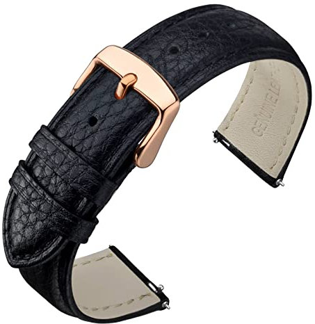 ANNEFIT Uhrenarmband 16mm Leder mit Edelstahl Roségold Schnalle, Schnellverschluss Armband mit Weich Gepolstert für Herren Damen (Schwarz)