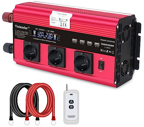 Yinleader 2500W /5000W Wechselrichter 12V /24V auf 230V Reiner Sinus Spannungswandler, Inverter mit LCD-Display, 3 EU-Steckdosen und 4 x 3.1A USB für LKW, Wohnmobil, Solar Hausgeräte - Rot